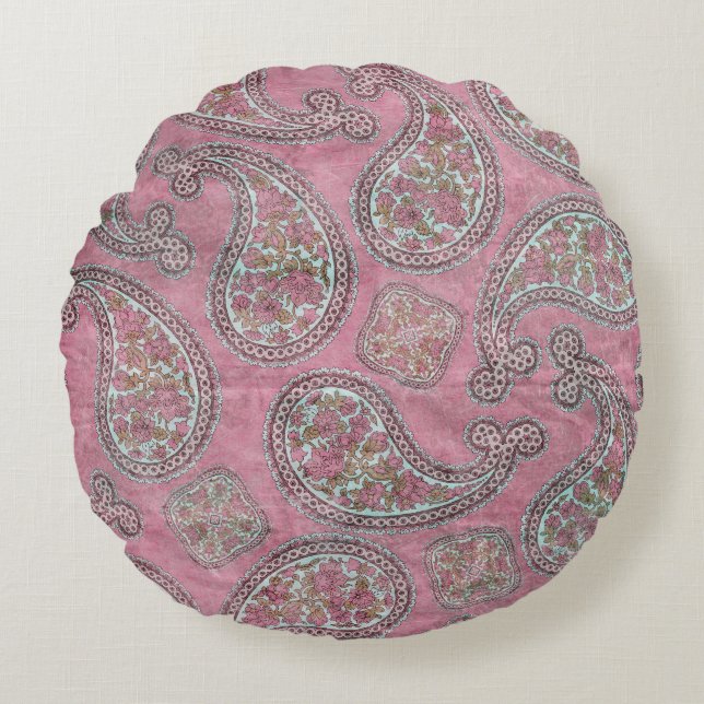 PINK MINT PAISLEY ROUND PILLOW (Front)