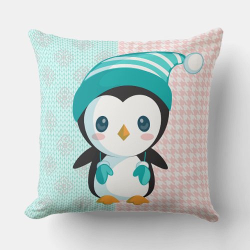 PinkMint Pastel Penguin Christmas Pillow