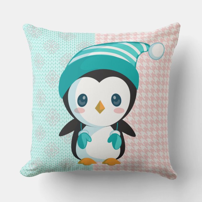 Pink/Mint Pastel Penguin Christmas Pillow (Front)