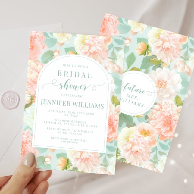 Pink Mint Peony Floral Boho Arch Bridal Shower  Invitation (Creator Uploaded)