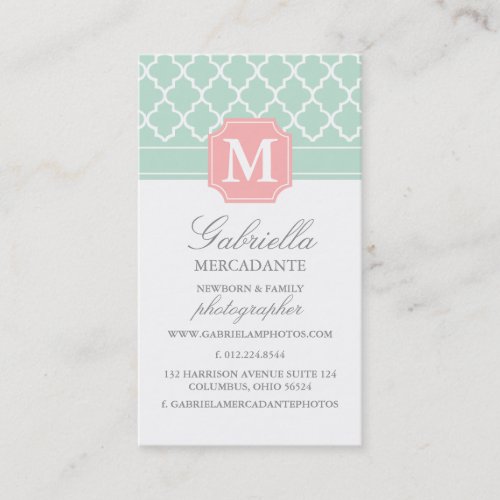 Pink Mint | Polka Dots Moroccan | Monogrammed Business Card Template