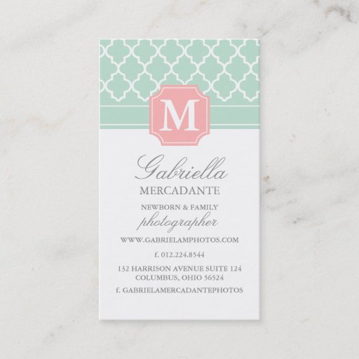 Customizable Pink Mint | Polka Dots Moroccan | Monogrammed Business Card Template