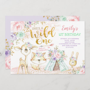 Pink Mint Purple Boho Woodland Animals Wild One Invitation