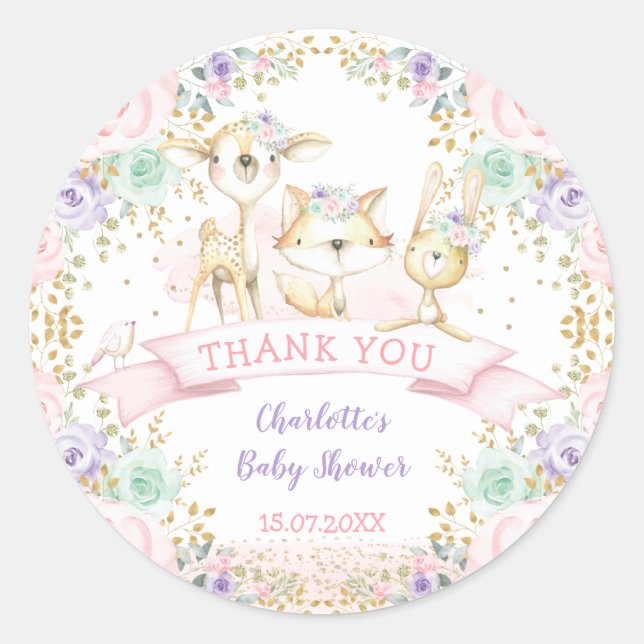 Pink Mint Purple Floral Tribal Woodland Animals Classic Round Sticker (Front)