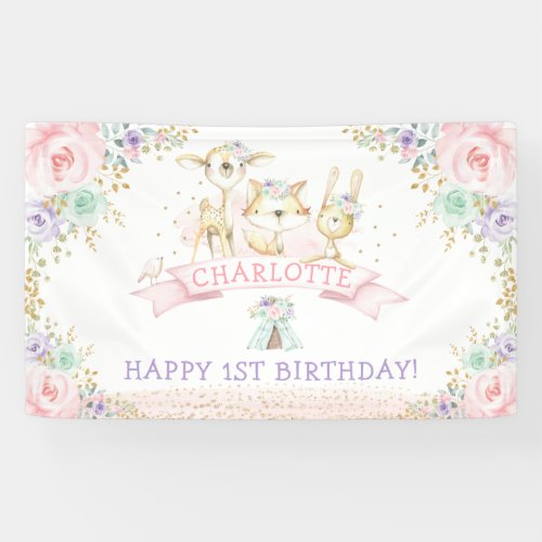 Pink Mint Purple Floral Woodland Happy Birthday Banner