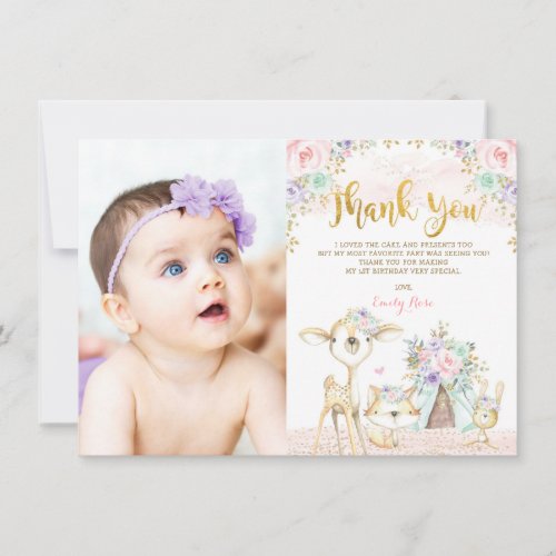 Pink Mint Purple Gold Floral Woodland Birthday Thank You Card