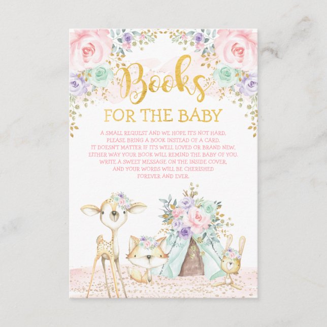 Pink Mint Purple Woodland Animals Book Request Enclosure Card (Front)