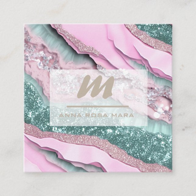 *~* PINK MINT QR Marble Glam Luxe Initial AP66 Square Business Card (Front)