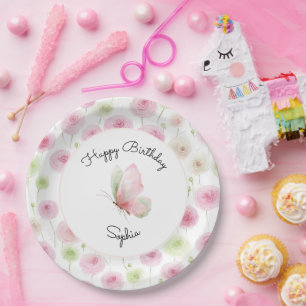Pink Mint Ranunculus Floral Birthday Paper Plates