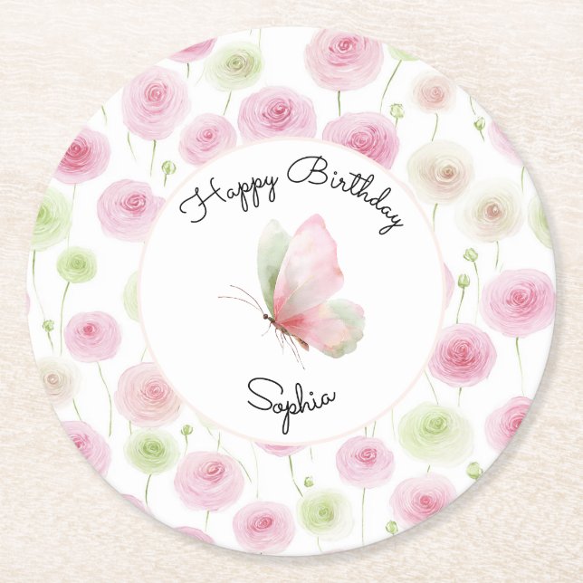 Pink Mint Ranunculus Floral Birthday Round Paper Coaster (Front)
