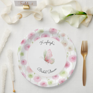 Pink Mint Ranunculus Floral Bridal Shower  Paper Plates