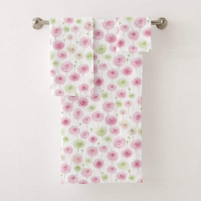 Pink Mint Ranunculus Flowers Bath Towel Set (Insitu)