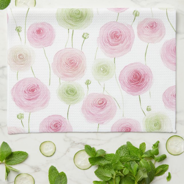 Pink Mint Ranunculus Flowers Kitchen Towel (Folded)