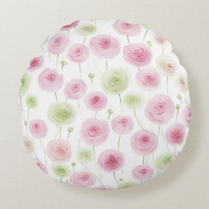 Pink Mint Ranunculus Flowers Round Pillow