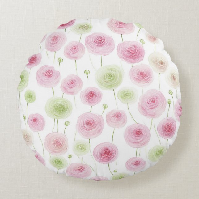 Pink Mint Ranunculus Flowers Round Pillow (Front)