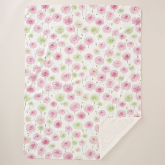 Pink Mint Ranunculus Flowers Sherpa Blanket (Front)