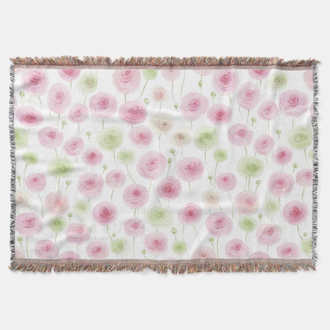 Pink Mint Ranunculus Flowers Throw Blanket (Front)