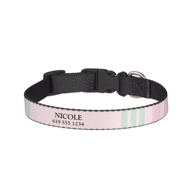 Pink & Mint Stripe Custom Name & Number Dog Collar (Front)