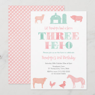 Pink Mint THREE-IEIO Girl 3rd Birthday Party Invitation