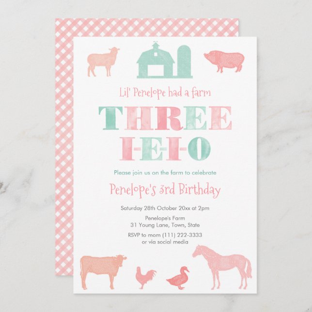Pink Mint THREE-IEIO Girl 3rd Birthday Party Invitation (Front/Back)