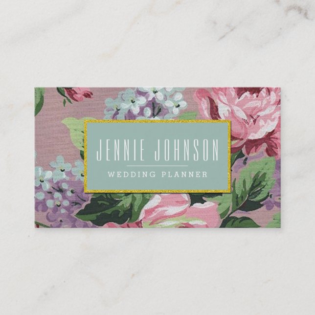 Pink Mint Vintage Floral Business Card (Front)