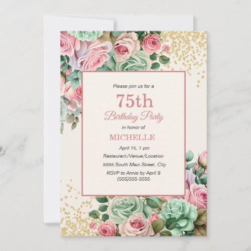 Pink Mint Vintage Floral Gold Glitter 75 Birthday Invitation