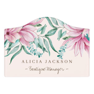 Pink mint watercolor magnolias boutique manager door sign