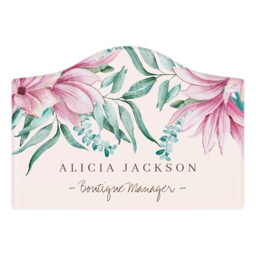 Pink mint watercolor magnolias boutique manager door sign