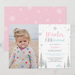 Pink & Mint   Winter Onederland Girl 1st Birthday Invitation