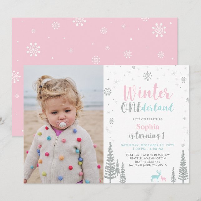 Pink & Mint | Winter Onederland Girl 1st Birthday Invitation (Front/Back)