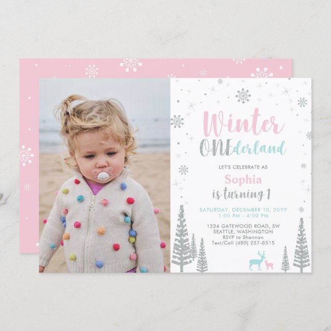 Pink & Mint | Winter Onederland Girl 1st Birthday Invitation (Front/Back)