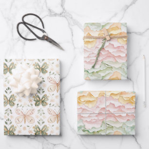 Pink Mint Yellow Piñata Butterflies Birthday Wrapping Paper Sheets