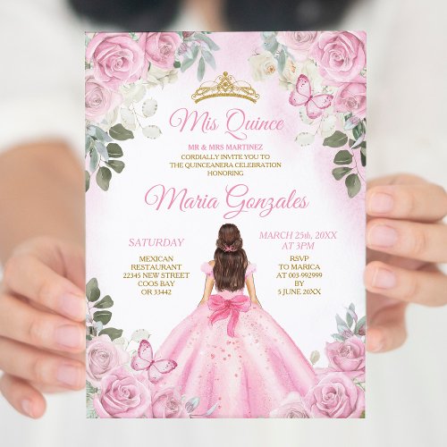 Pink Mis Quince 15 Anos Butterfly Gold Crown Invitation