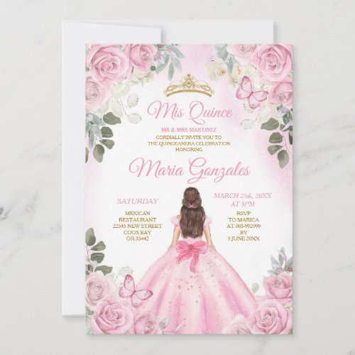 Pink Mis Quince 15 Anos Butterfly Gold Crown Invitation