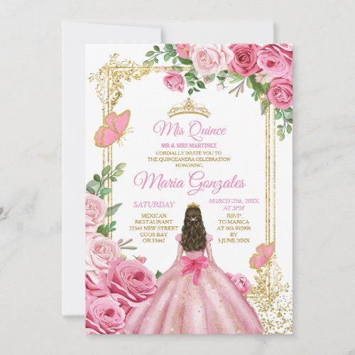Pink Mis Quince 15 Anos Butterfly Gold Crown Invitation