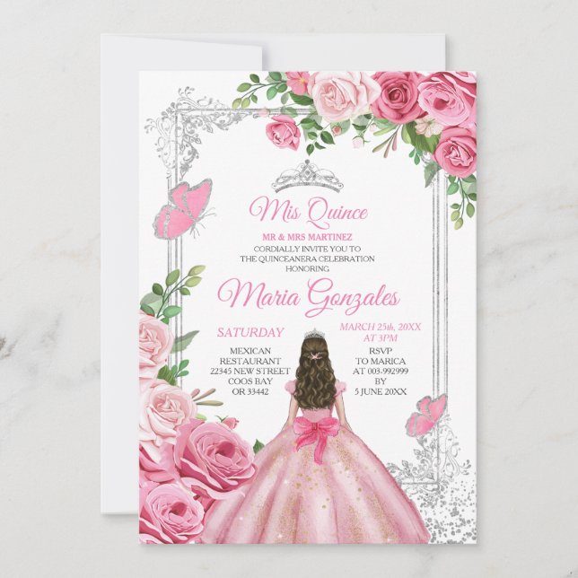 Pink Mis Quince 15 Anos Butterfly Silver Crown Invitation (Front)