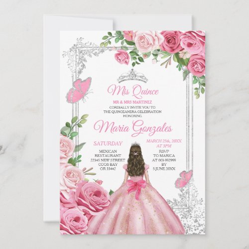 Pink Mis Quince 15 Anos Butterfly Silver Crown Invitation