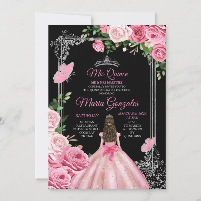 Pink Mis Quince 15 Anos Butterfly Silver Crown Invitation (Front)