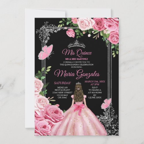 Pink Mis Quince 15 Anos Butterfly Silver Crown Invitation