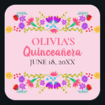 Pink Mis Quince Anos Mexican Fiesta Floral Square Sticker<br><div class="desc">Custom pink Mis Quince Años favor stickers on handy sticker sheets for your invitation envelope seals, favor bags, gift wrap and party decorations. The template is set up ready for you to add your name and the date of your birthday or your quinceanera celebration. This fun and colorful design features...</div>