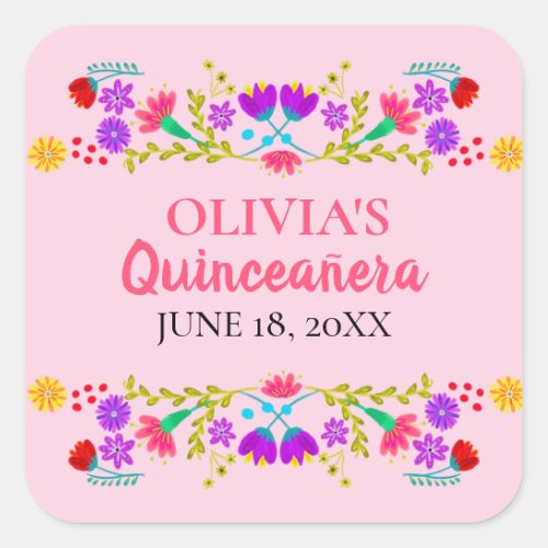 Pink Mis Quince Anos Mexican Fiesta Floral Square Sticker