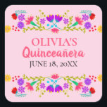 Pink Mis Quince Anos Mexican Fiesta Floral Square Sticker<br><div class="desc">Custom pink Mis Quince Años favor stickers on handy sticker sheets for your invitation envelope seals, favor bags, gift wrap and party decorations. The template is set up ready for you to add your name and the date of your birthday or your quinceanera celebration. This fun and colorful design features...</div>