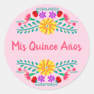Pink Mis Quince Anos Mexican Fiesta Flowers Classic Round Sticker