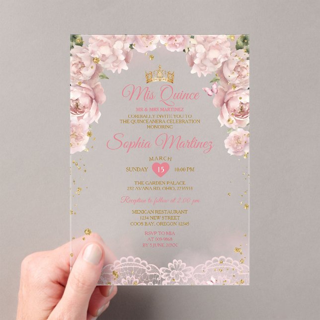 Pink Mis Quince Crown Gold Quinceañera Butterfly Acrylic Invitations (Insitu (Handheld))