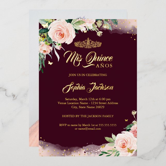 Pink Mis Quince Floral Photo Quinceanera Birthday Foil Invitation (Front/Back)