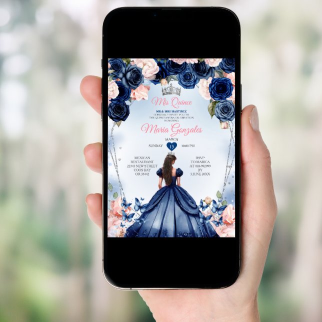 Pink Mis Quince Navy Floral Crown Quinceañera Invitation (Front Digital)