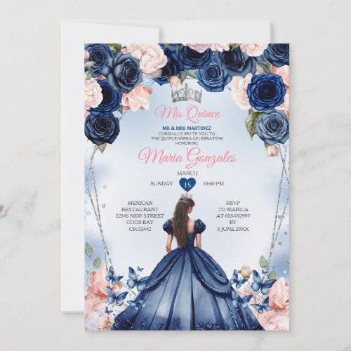 Pink Mis Quince Navy Floral Crown Quinceaera Invitation