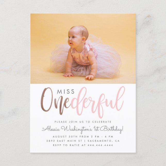 Pink Miss Onederful Script Photo 1st Birthday Invitation Postcard (Front)