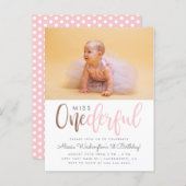 Pink Miss Onederful Script Photo 1st Birthday Invitation Postcard (Front/Back)
