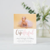 Pink Miss Onederful Script Photo 1st Birthday Invitation Postcard (Standing Front)